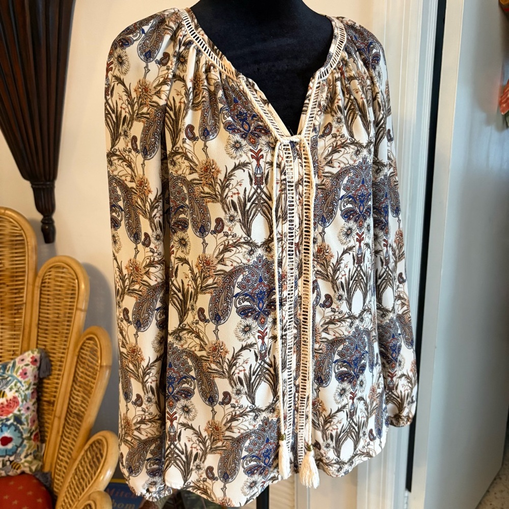 ANTHROPOLOGIE MEADOW RUE Long Sleeve Brown Lightweight Print TOP! Like new
